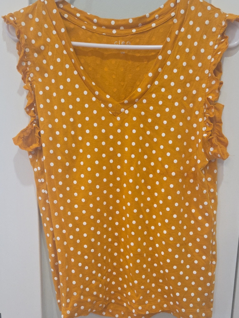 cleo Yellow Polka Dot Ruffle Sleeve V-Neck Tank PETITE